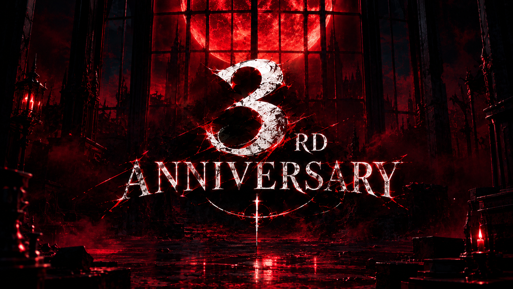 3rd Anniversary beneath a blood-red moon in a gothic hall