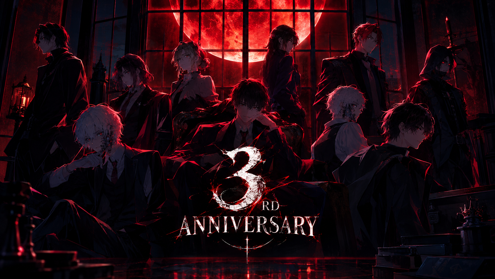The Death of Night characters gathered beneath the red moon for the 3rd Anniversary
