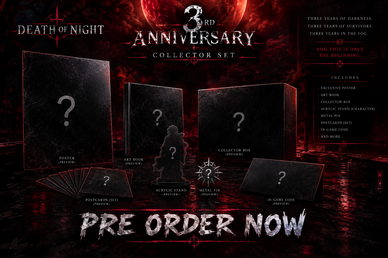 Death of Night 3rd Anniversary Collector Set preview: exclusive poster, art book, collector box, character acrylic stand, metal pin, postcards, in-game code and more.