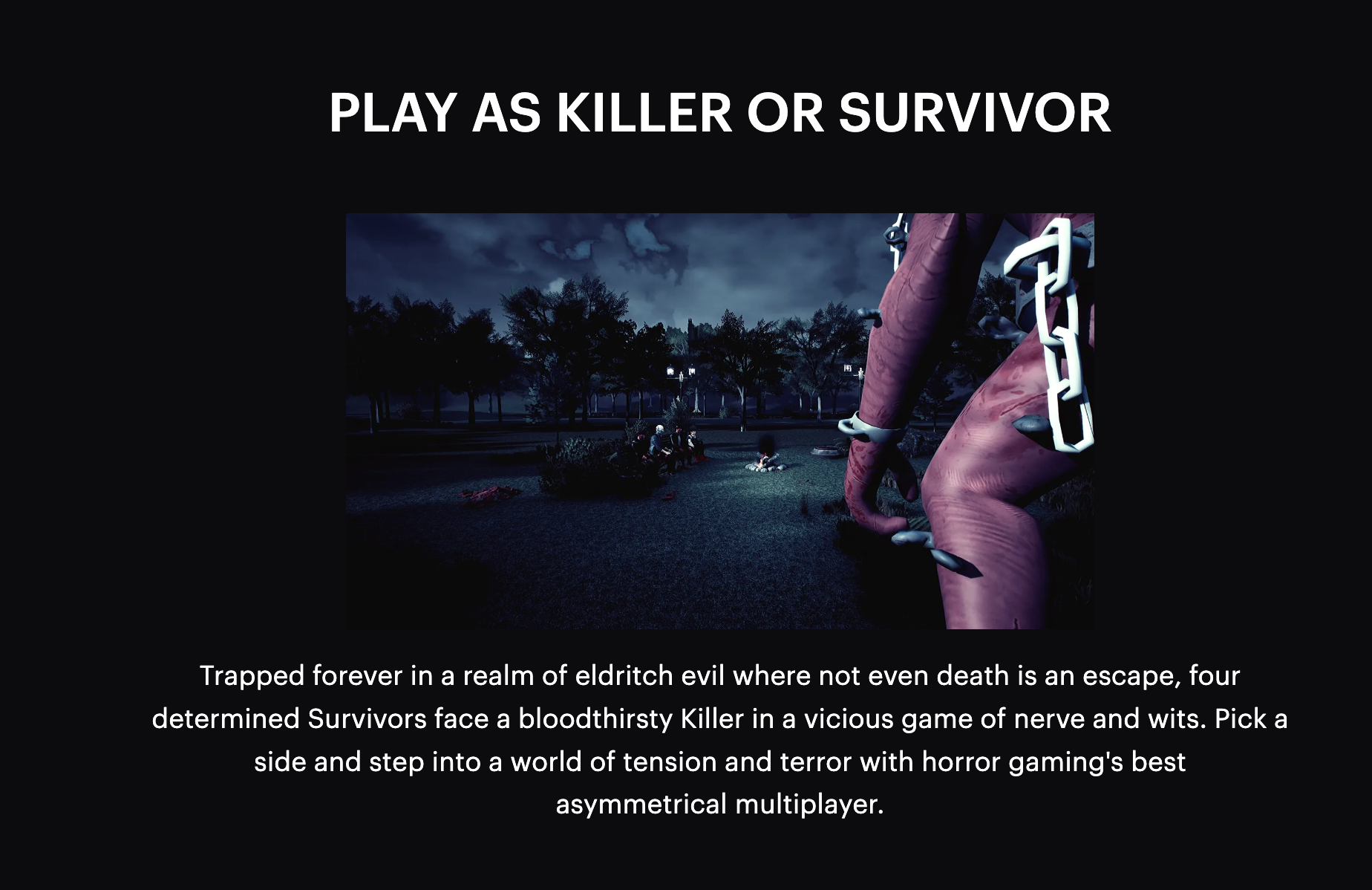 A killer watches a group of survivors in a dark, tree-lined Death of Night environment.